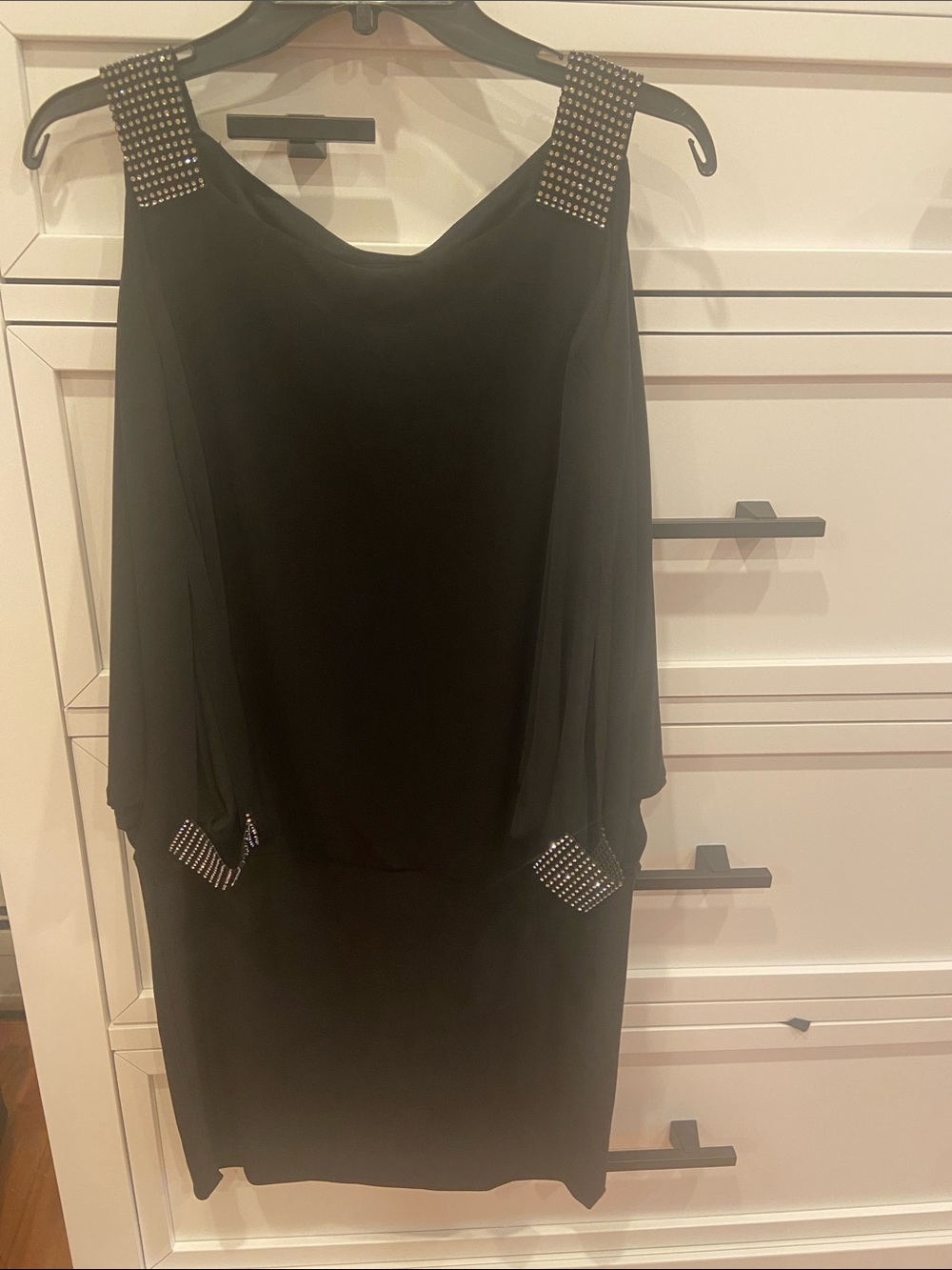 Betsy & Adam Black Midi Dress with Studded Shoulder and Pocket Accents